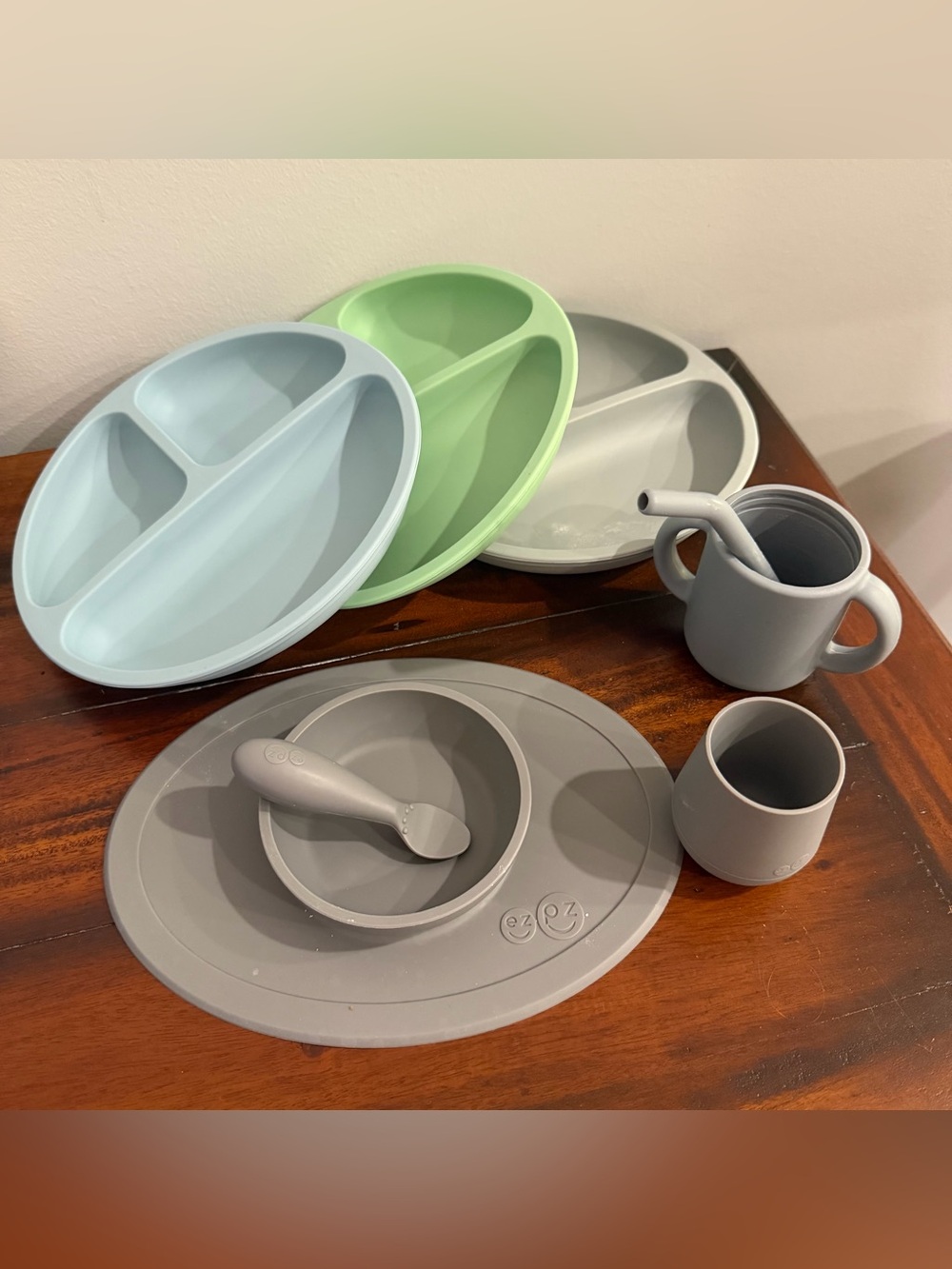 Silicone Baby Feeding Set - Plates, Cups, Bowl Placemat - Blue, Green, Gray